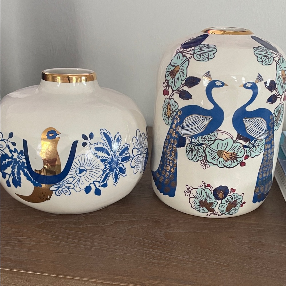 Anthropologie Blue and Gold Peacock Vases